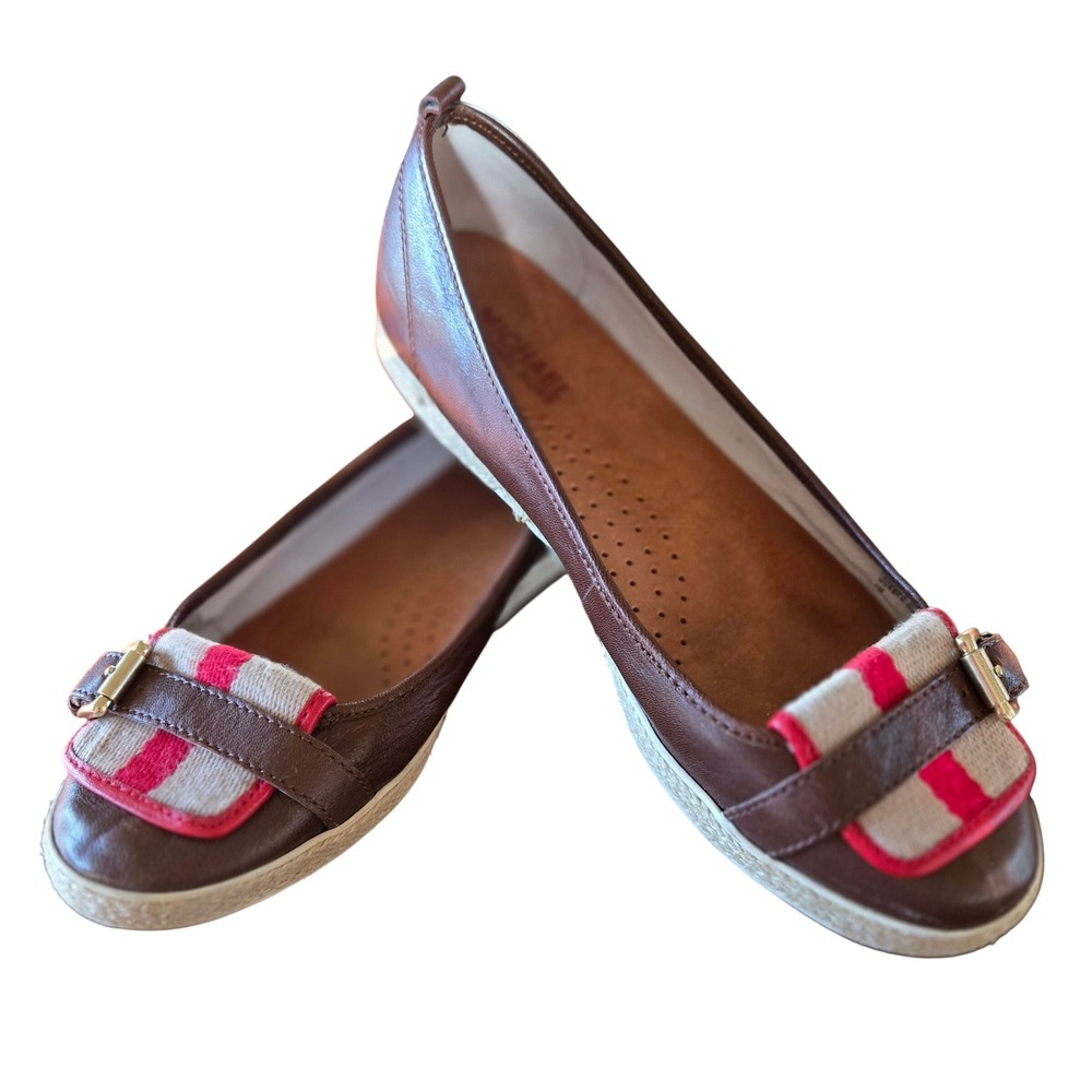 Michael Kors Brown Leather‎ Espadrille Ballet Flats Red Striped Buckle Size 9M